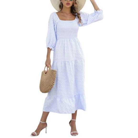 CELLABIE Dresses & Skirts - CELLABIE Light Blue & White Gingham Tiered Midi Dress Size XL